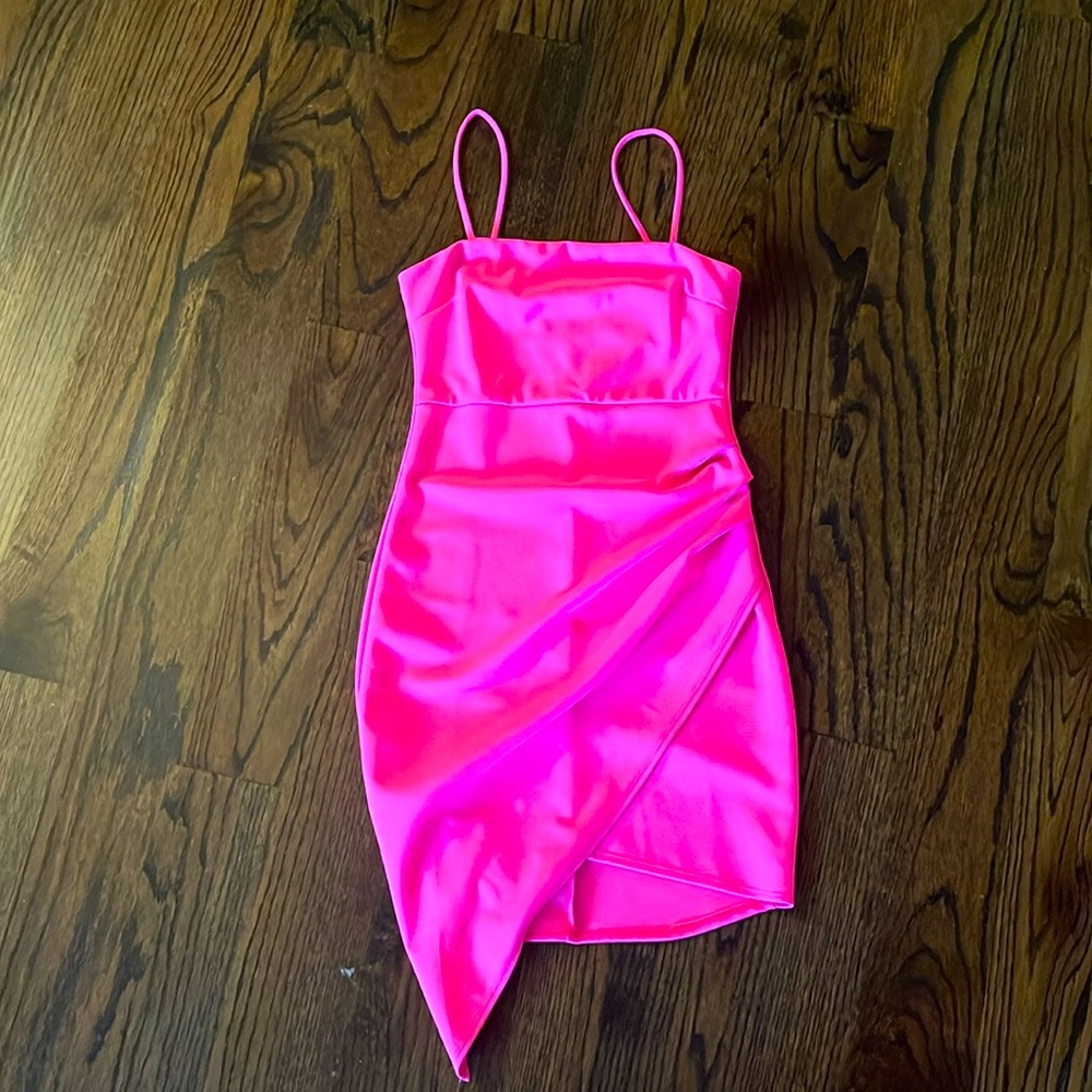 Neon pink asymmetrical mini dress